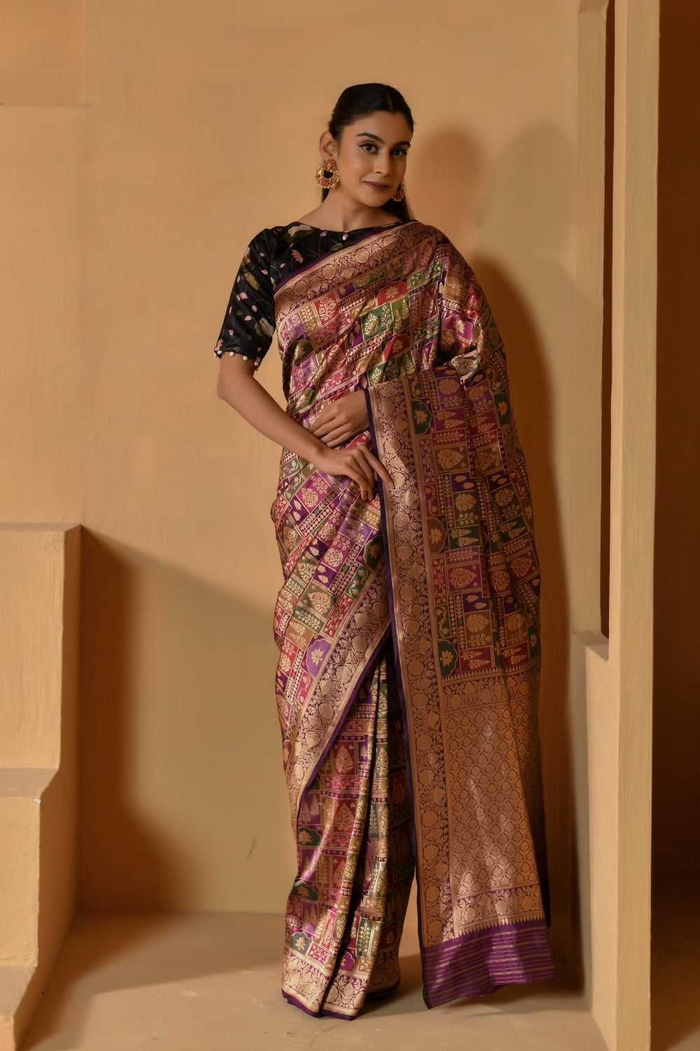 Rich Purple Katan Silk Saree with Floral Motifs