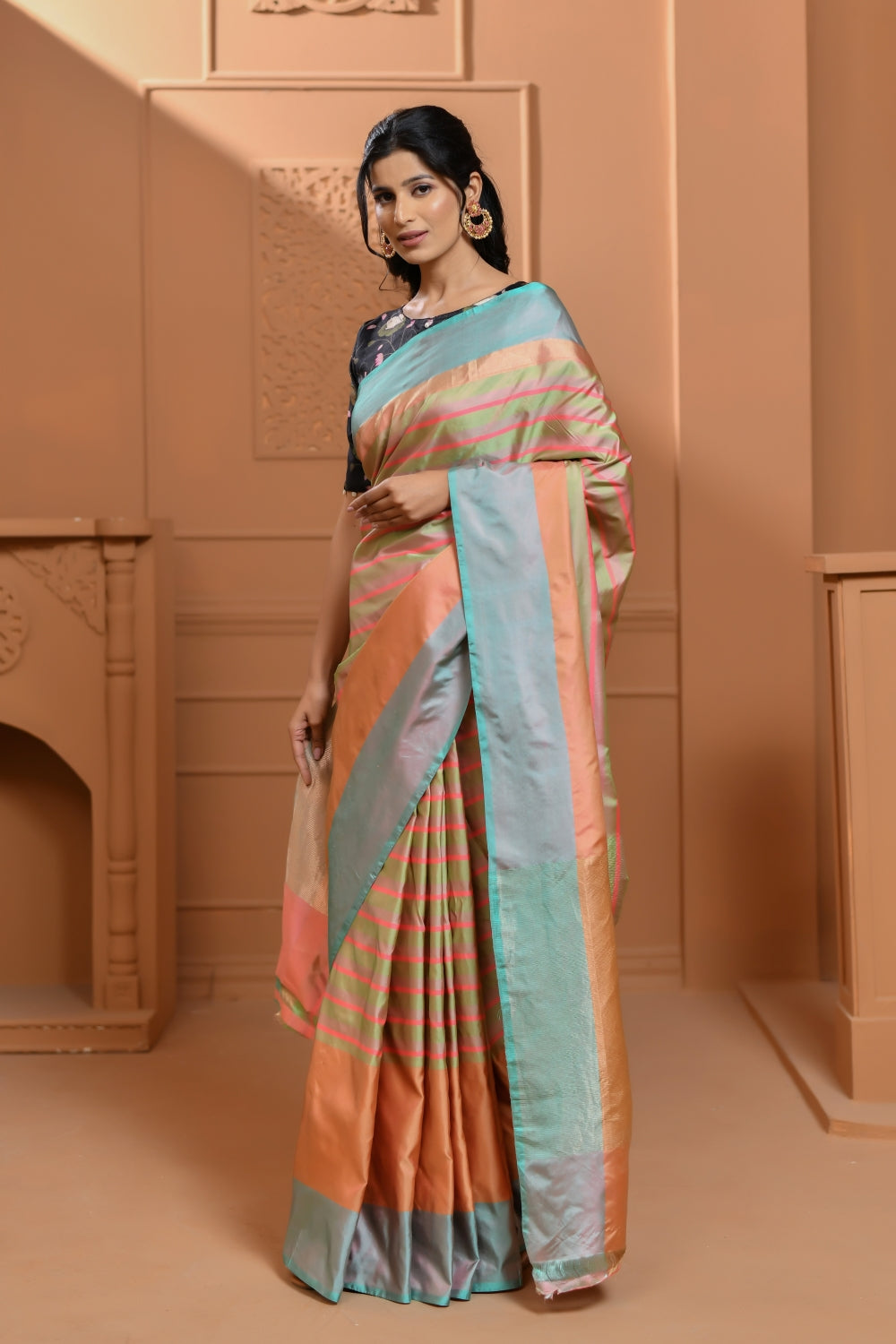 Striped Multi-Toned Katan Silk Saree-Banarasiya