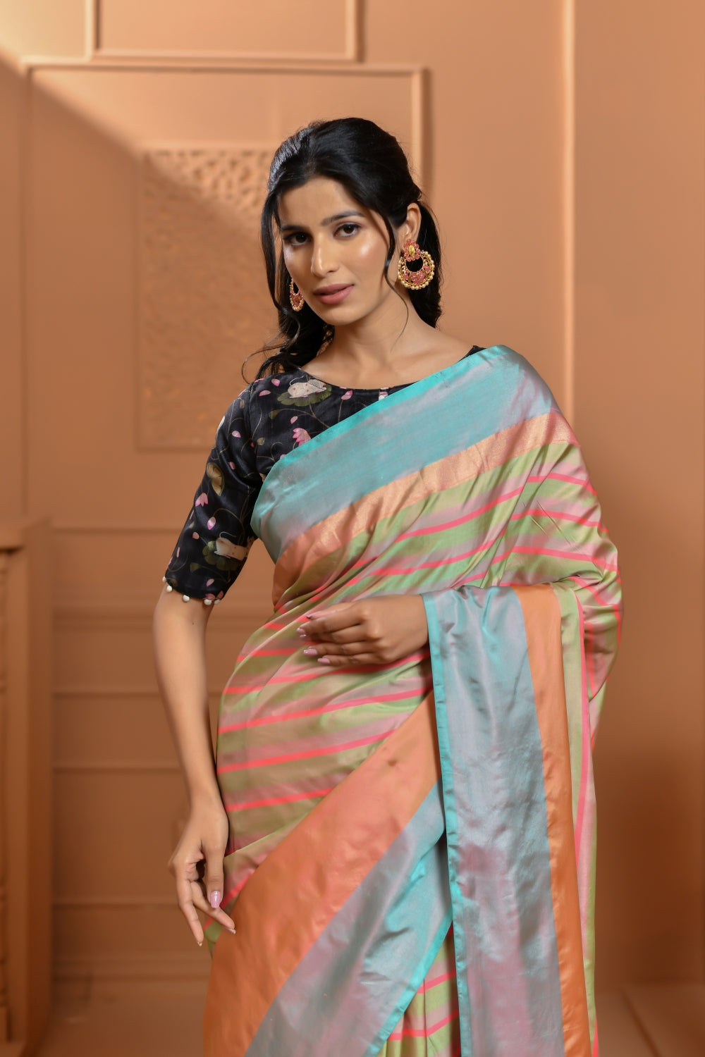 Striped Multi-Toned Katan Silk Saree-Banarasiya