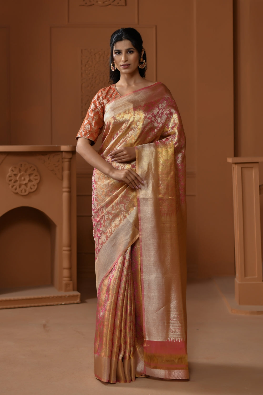 Warm Orange Tissue Silk Saree with Floral Jaal