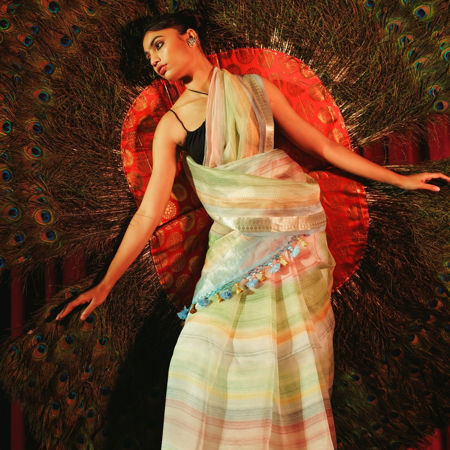 Multi Color Pure Organza Printed Banarasi Saree - Banarasiya