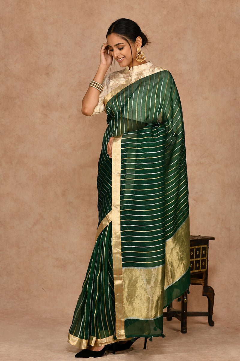 Deep Green Pure Organza Strips Handloom Silk Saree - Banarasiya