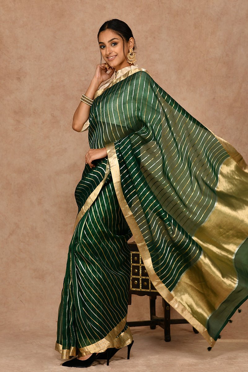Deep Green Pure Organza Strips Handloom Silk Saree - Banarasiya