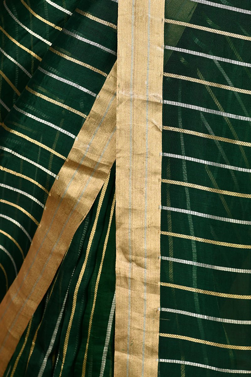 Deep Green Pure Organza Strips Handloom Silk Saree - Banarasiya