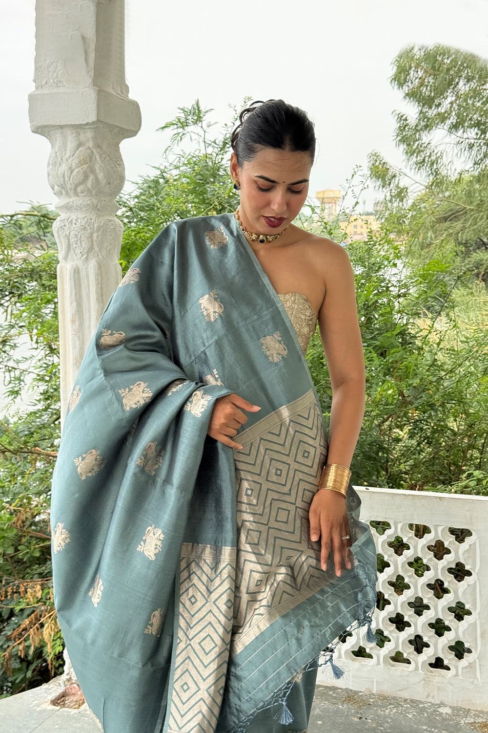 Handwoven Slate-Teal Katan Silk Saree with Kadwa Elephant Motifs
