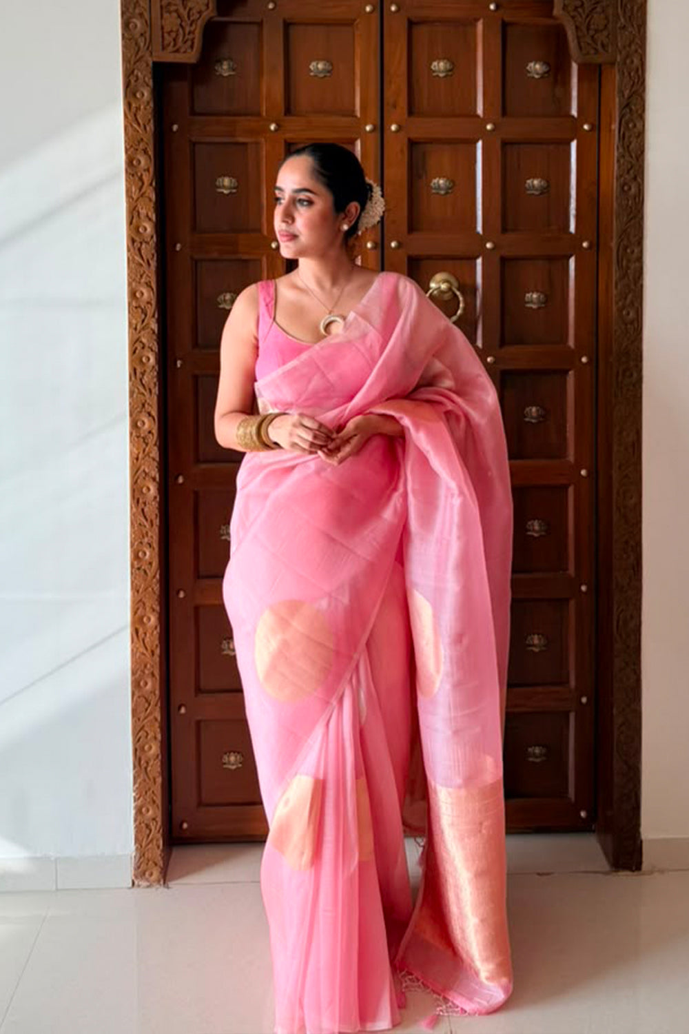 Handwoven Soft Pink Kora Organza Saree with Bold Gold Butas