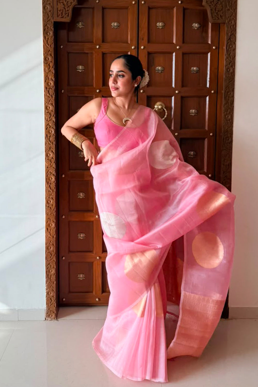 Handwoven Soft Pink Kora Organza Saree with Bold Gold Butas
