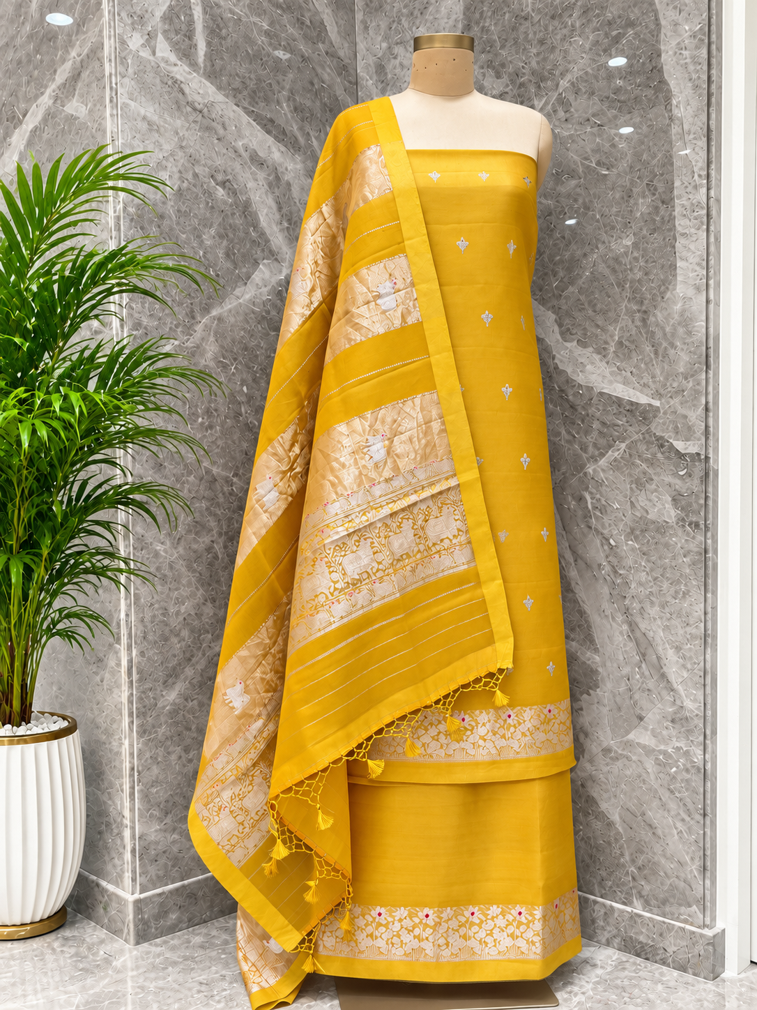 Pure Katan Silk Suit Set In Mustard Yellow