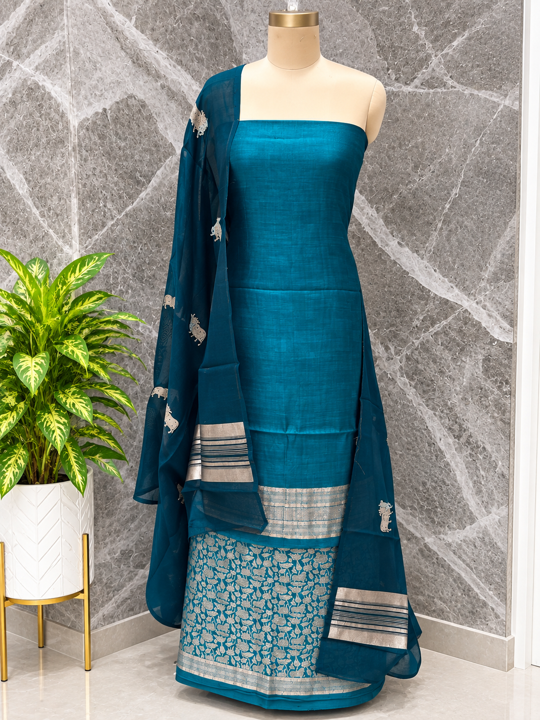 Teal Blue Tanchoi Silk Suit Set with Brocade Bottom