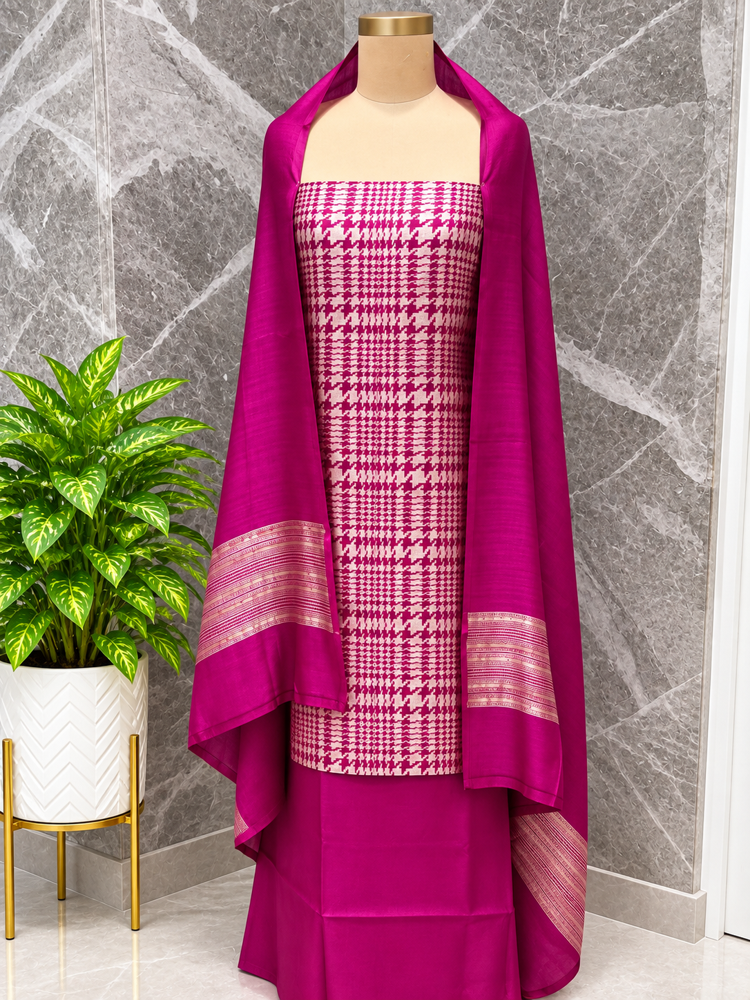 Magenta Pure Katan Silk Suit Set with Houndstooth Pattern