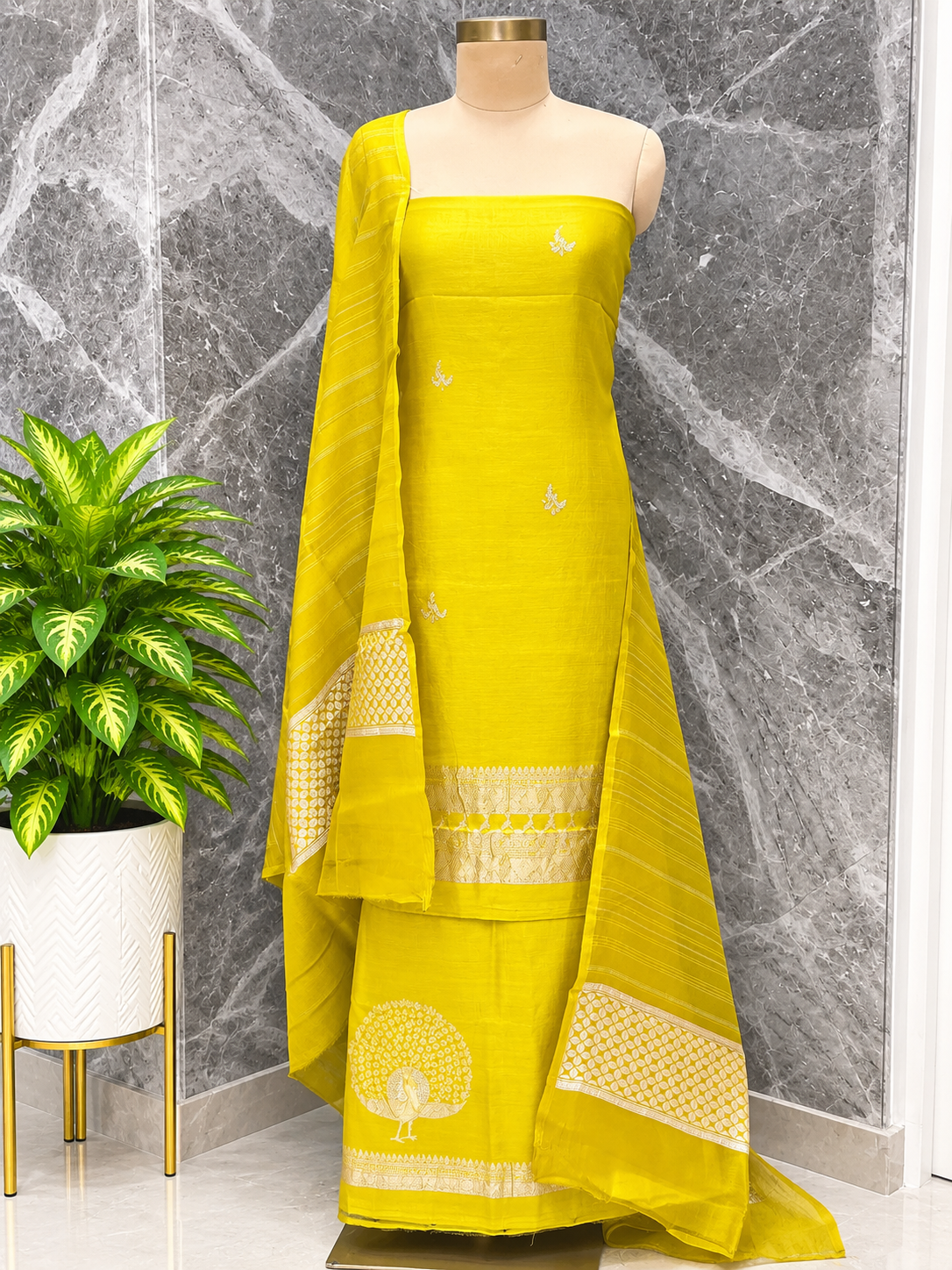 Bright Yellow Pure Katan Silk Suit Set with Peacock Motifs