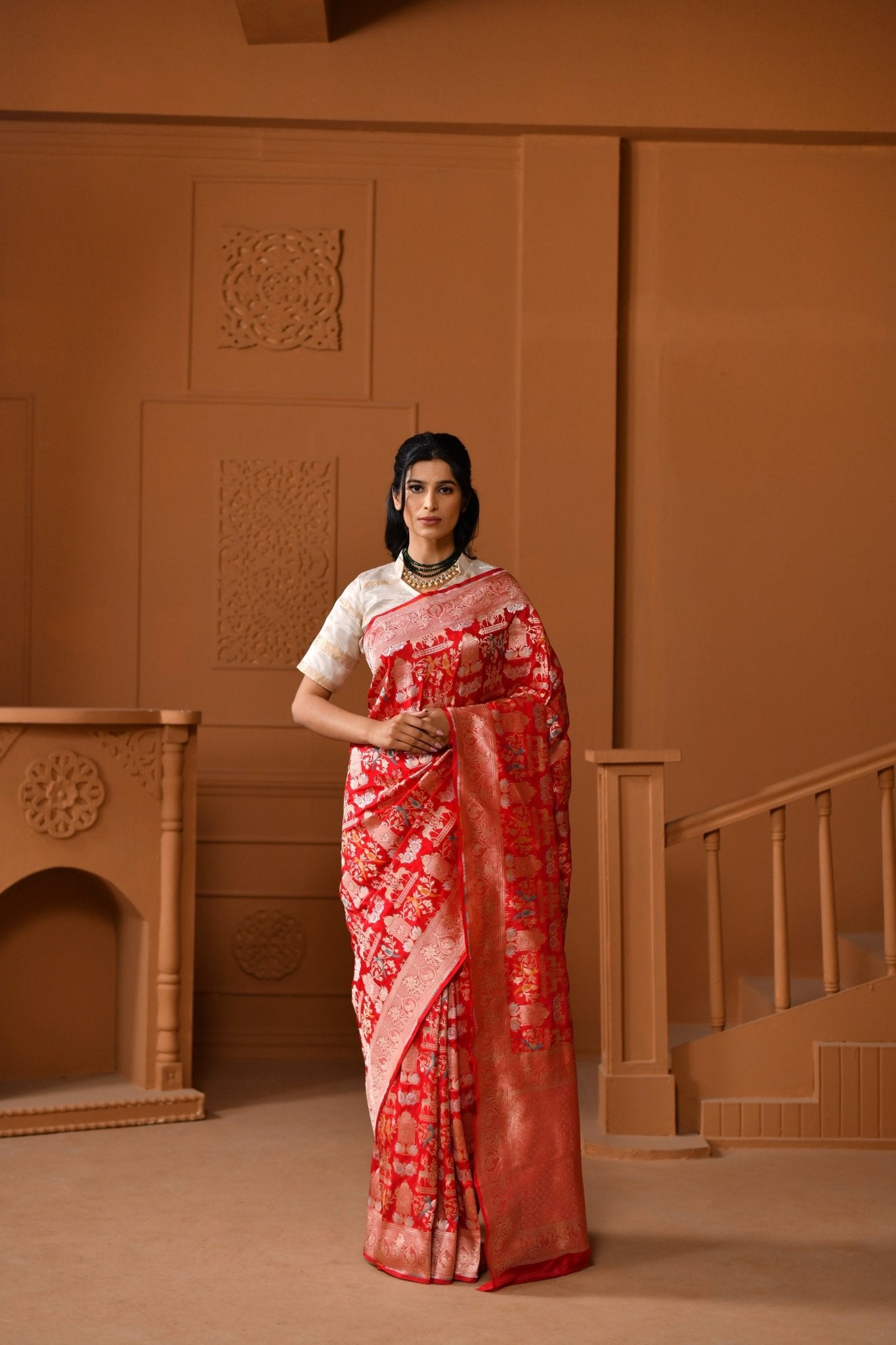 Crimson Katan Silk Saree with All - Over Shikargah Jaal - Banarasiya