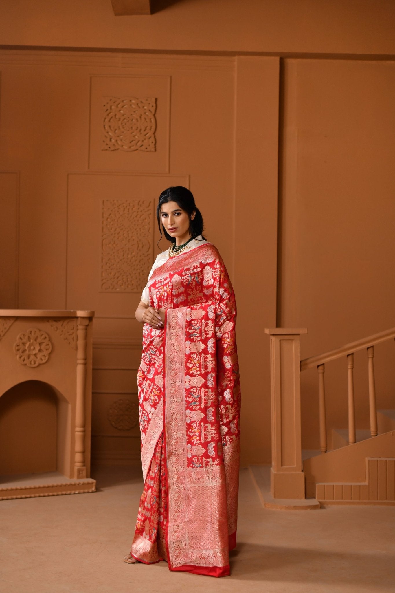 Crimson Katan Silk Saree with All - Over Shikargah Jaal - Banarasiya