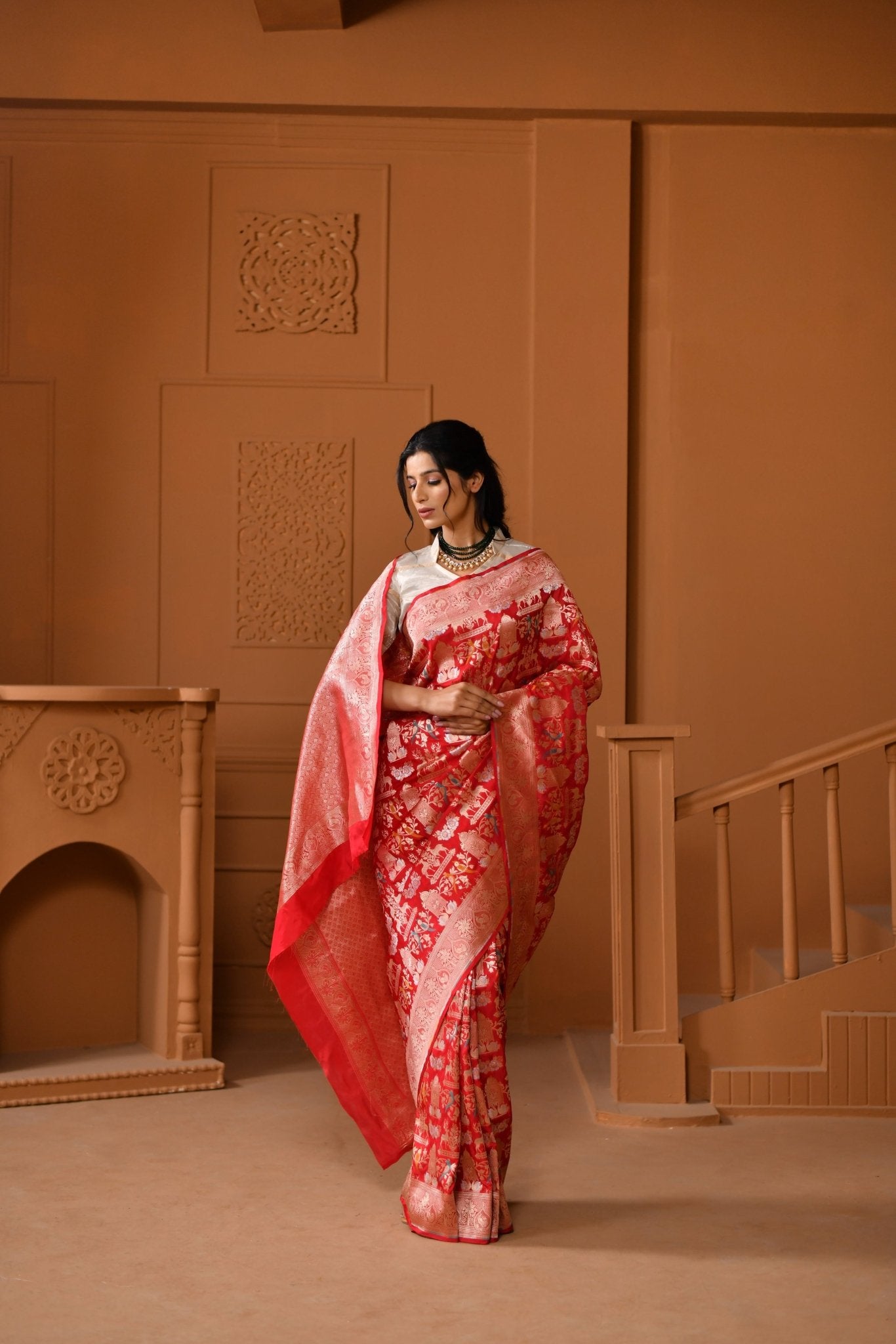 Crimson Katan Silk Saree with All - Over Shikargah Jaal - Banarasiya