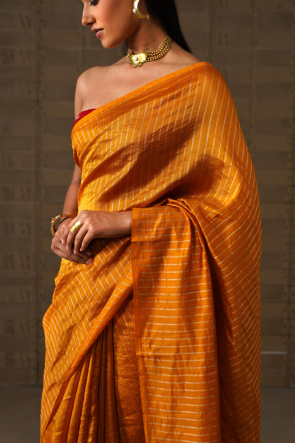 Handwoven Mustard Striped Katan Silk Saree