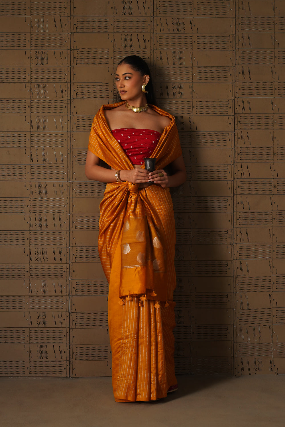 Handwoven Mustard Striped Katan Silk Saree