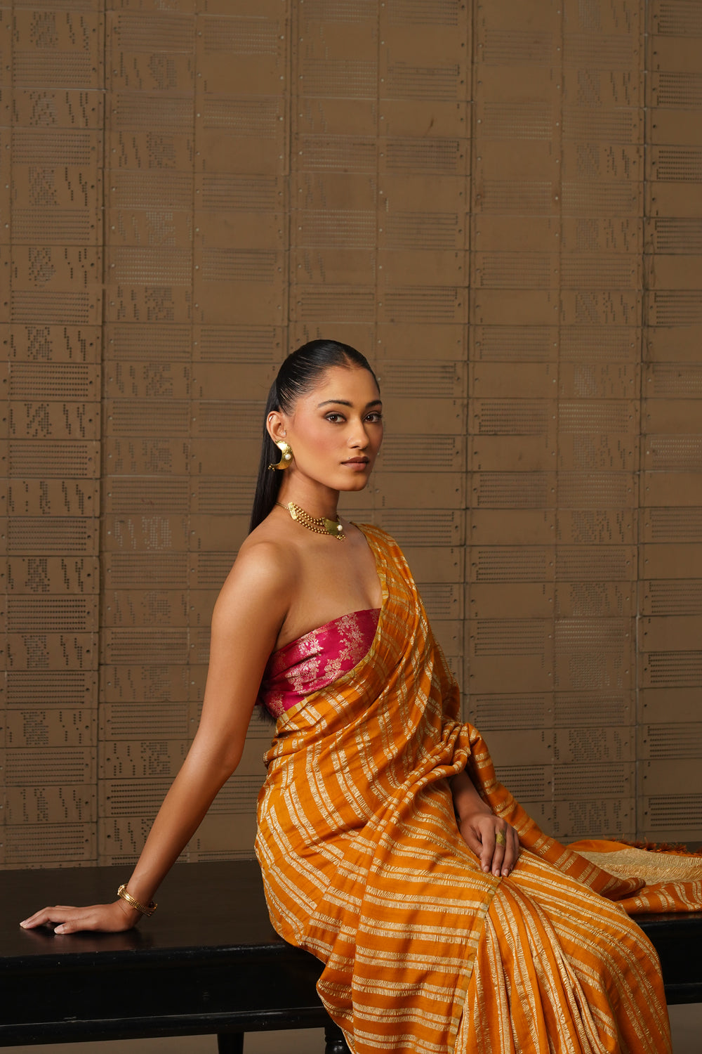 Mustard Yellow Striped Tissue Moonga Silk Saree