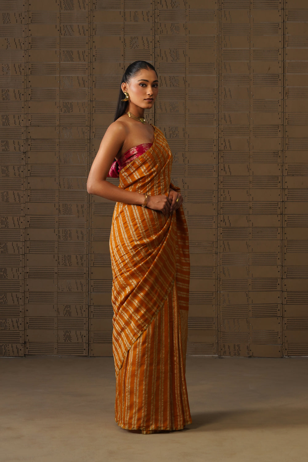 Mustard Yellow Striped Tissue Moonga Silk Saree