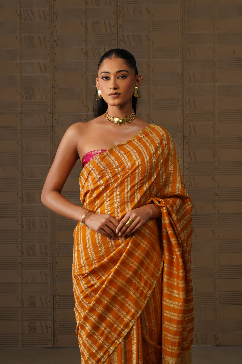 Mustard Yellow Striped Tissue Moonga Silk Saree