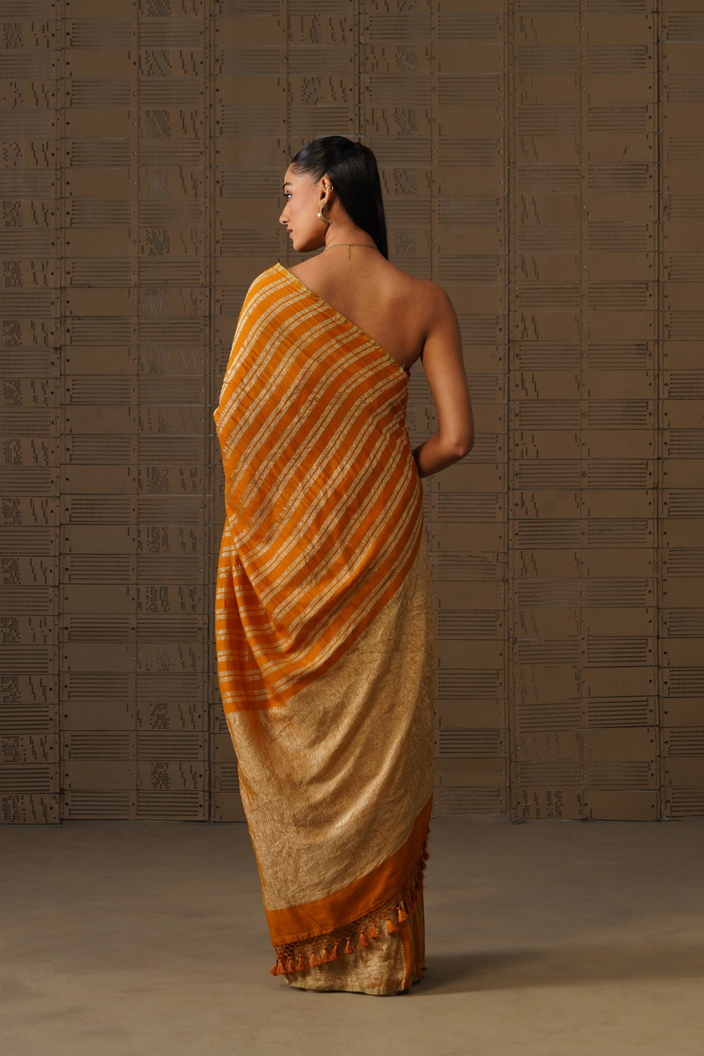 Mustard Yellow Striped Tissue Moonga Silk Saree