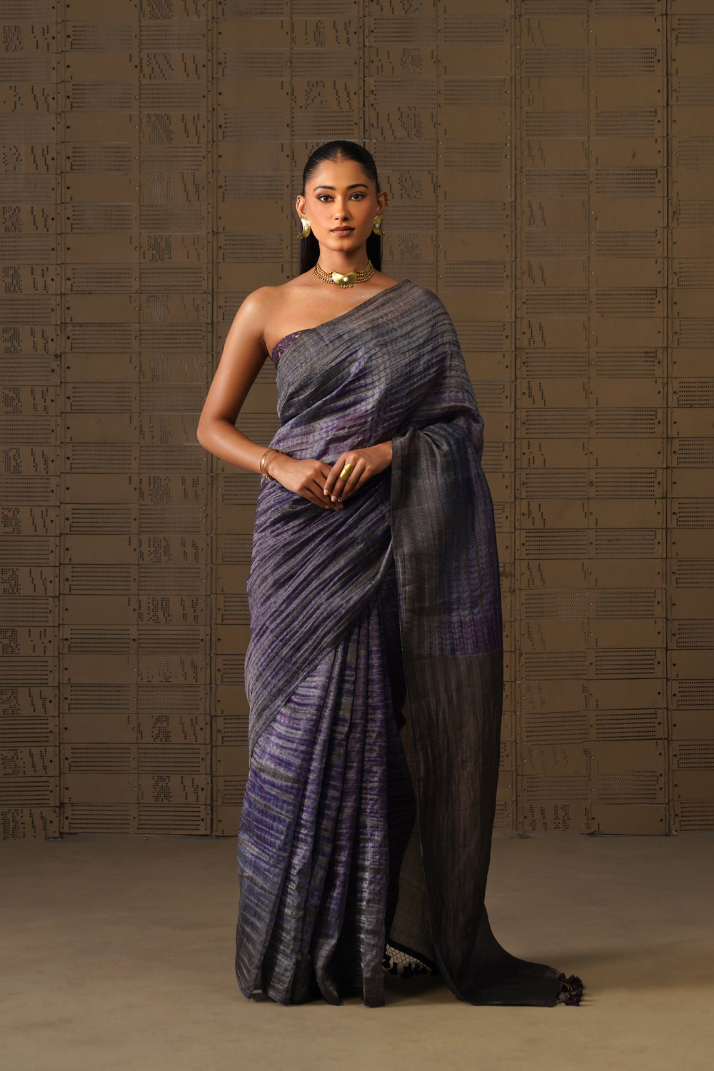 Charcoal Purple Shibori Tissue Silk Saree