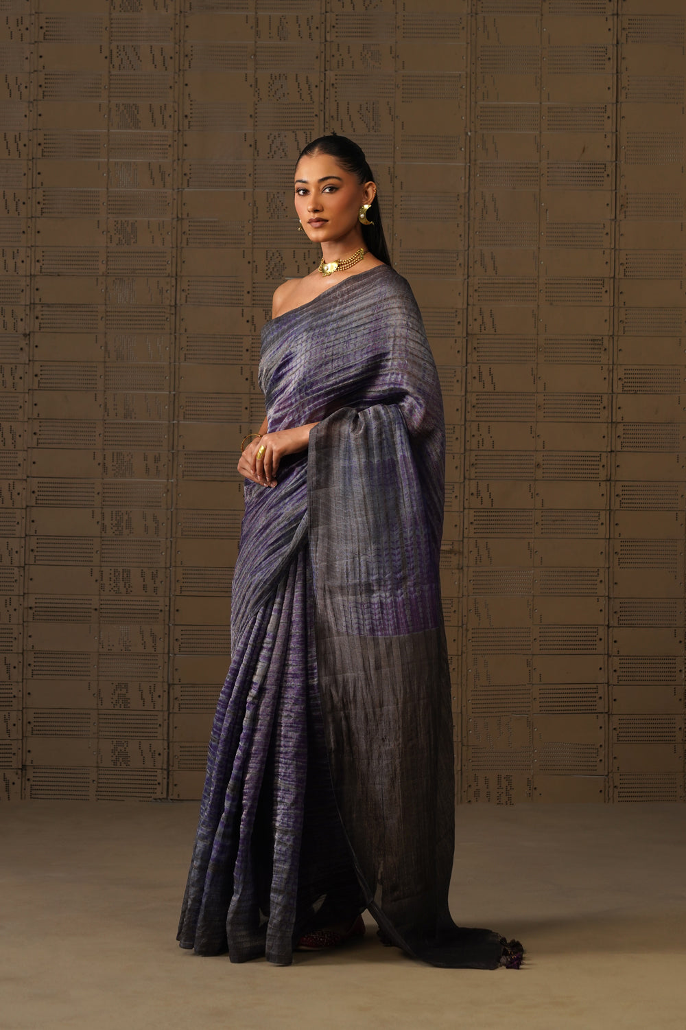 Charcoal Purple Shibori Tissue Silk Saree