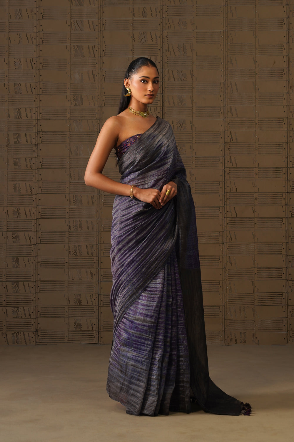 Charcoal Purple Shibori Tissue Silk Saree