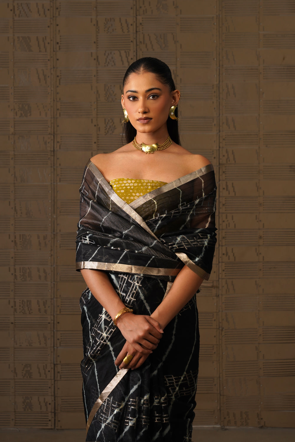 Black Geometric Leheriya Kora Organza Saree