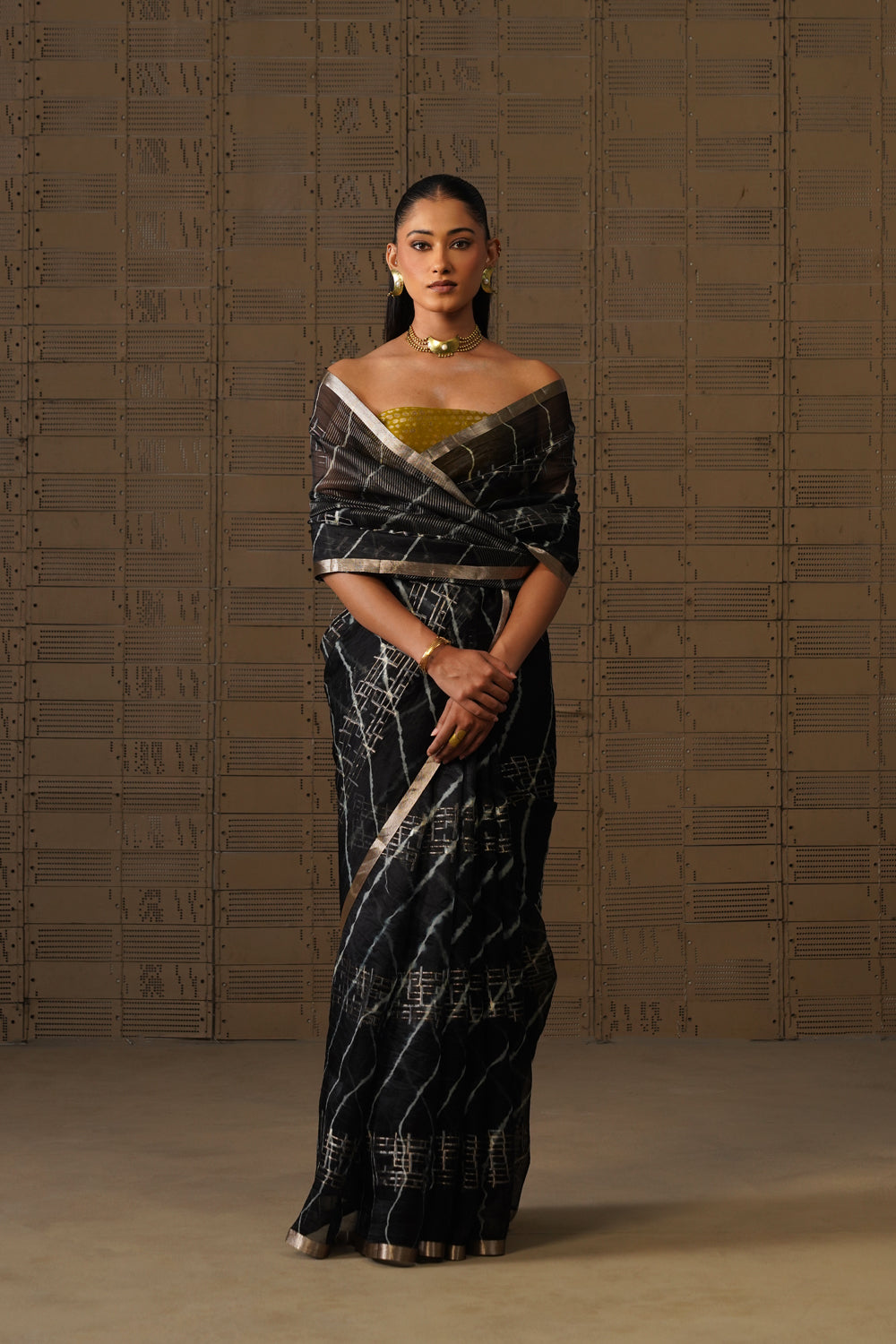 Black Geometric Leheriya Kora Organza Saree