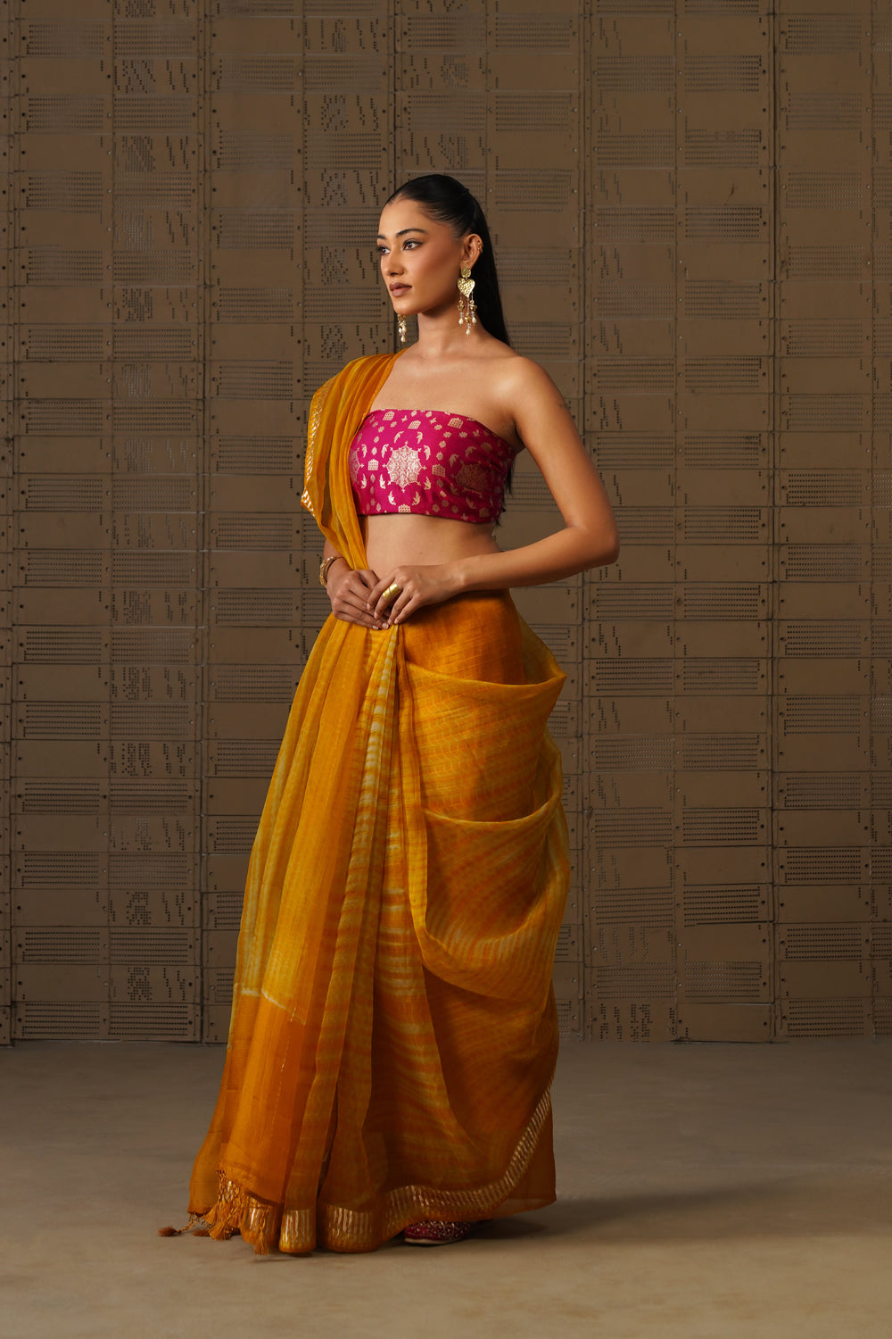 Mustard Shibori Kora Organza Saree