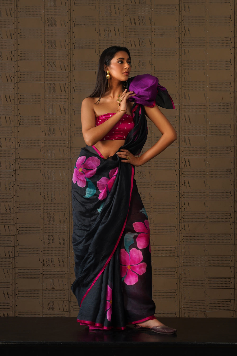 Black Floral Painted Silk Kota Saree