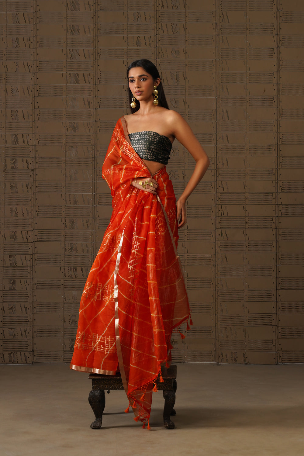 Burnt Orange Geometric Leheriya Kora Organza Saree