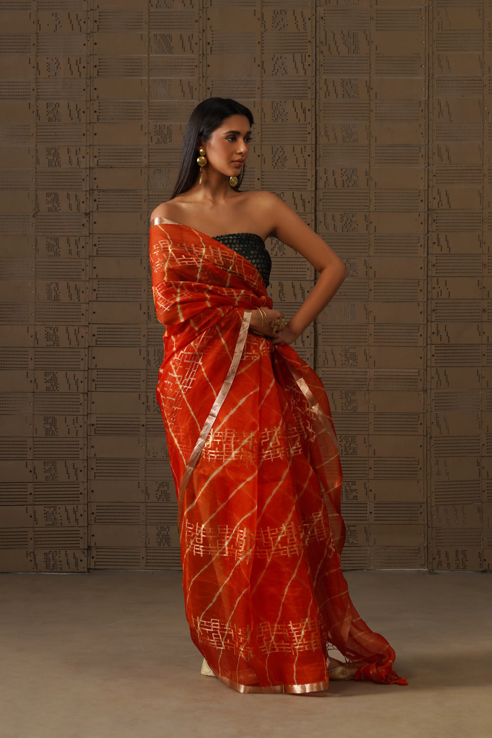 Burnt Orange Geometric Leheriya Kora Organza Saree