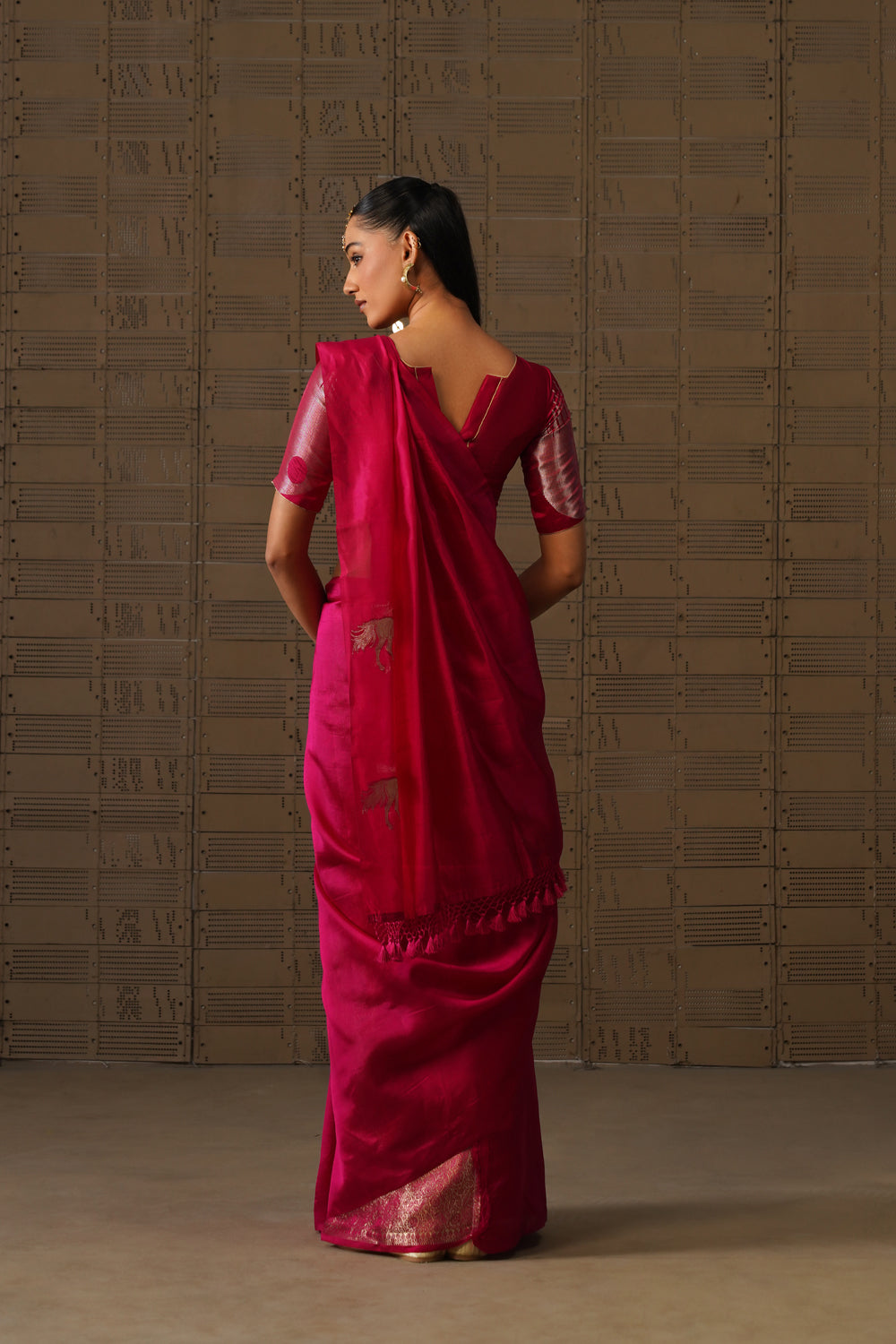 Rani Pink Horse Motif Katan Silk Saree
