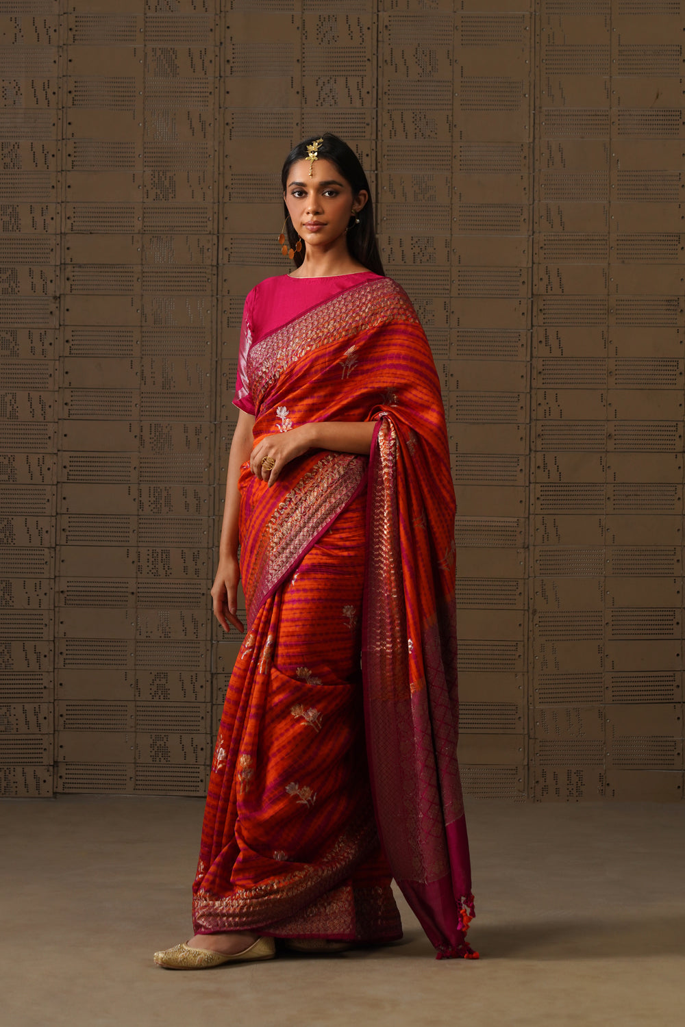 Orange Pink Shibori Silk Saree