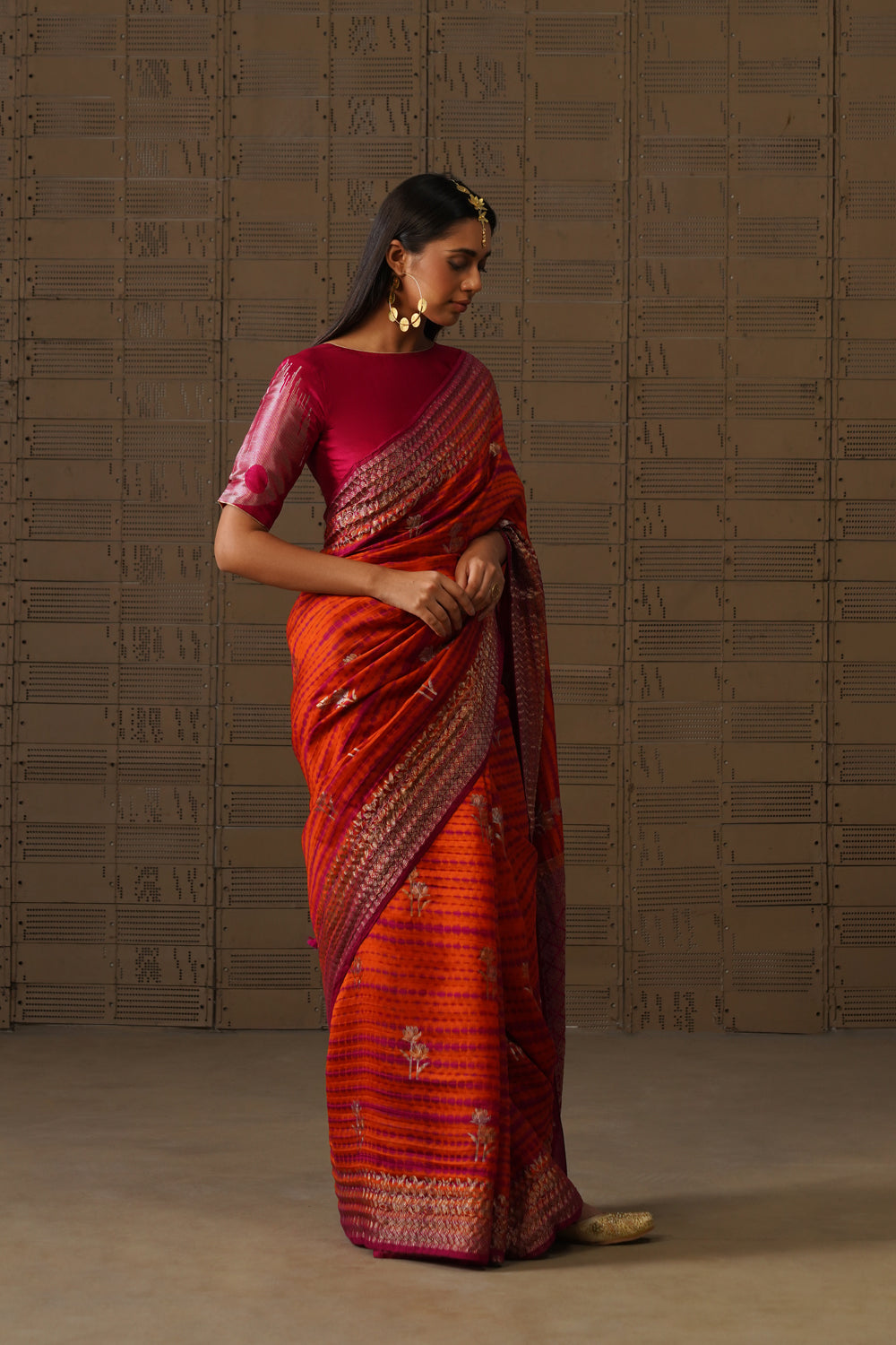 Orange Pink Shibori Silk Saree