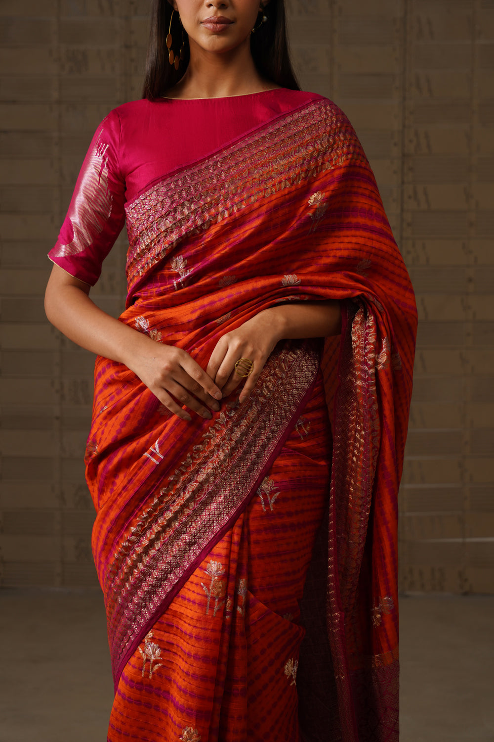 Orange Pink Shibori Silk Saree