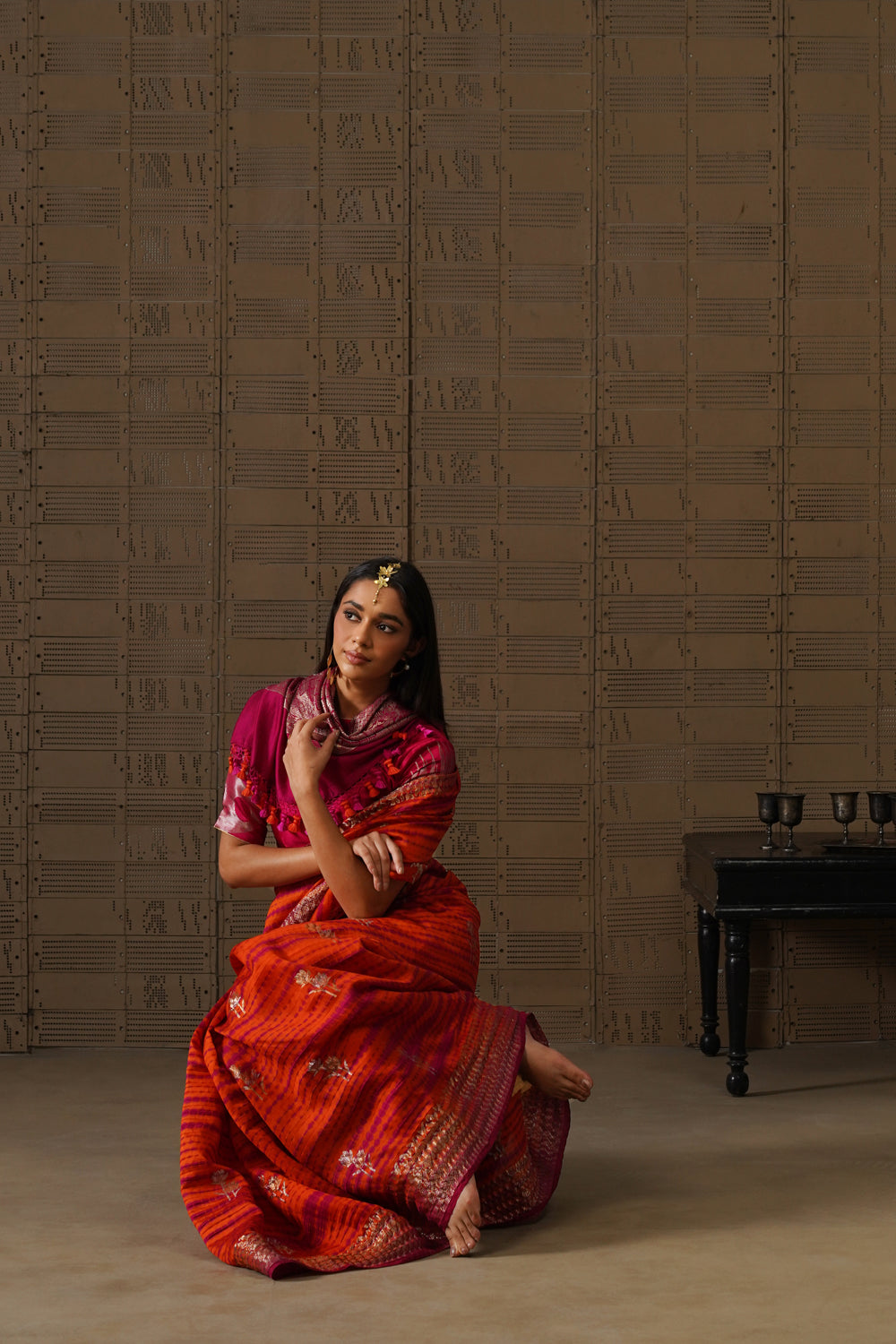 Orange Pink Shibori Silk Saree