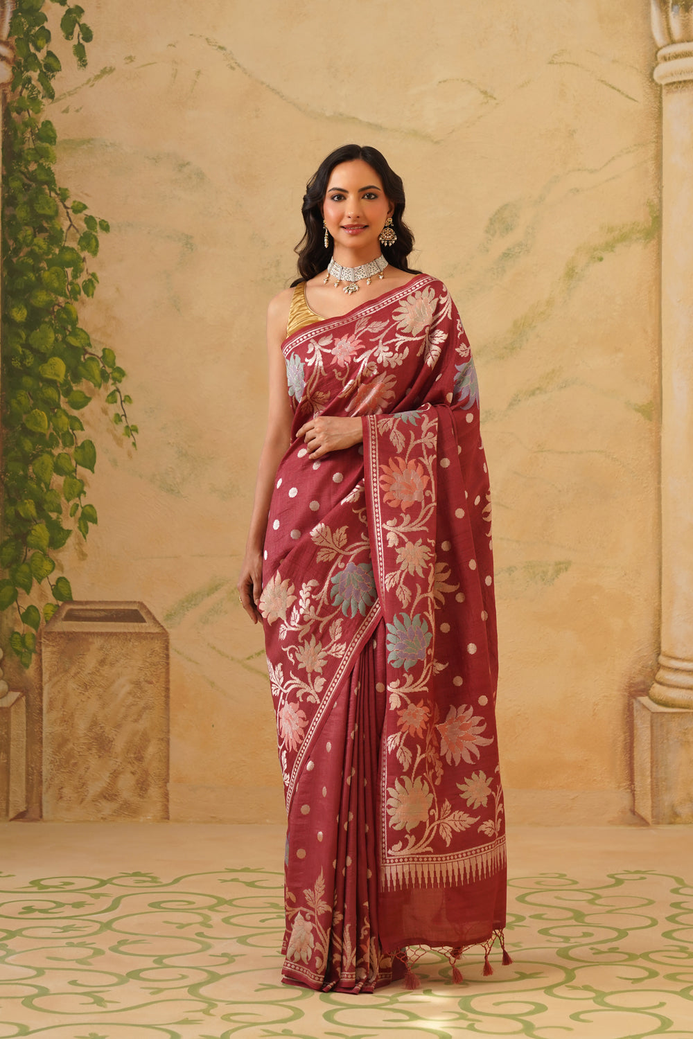 Handwoven Oxyblood Tussar Khaddi Saree with Floral Jaal