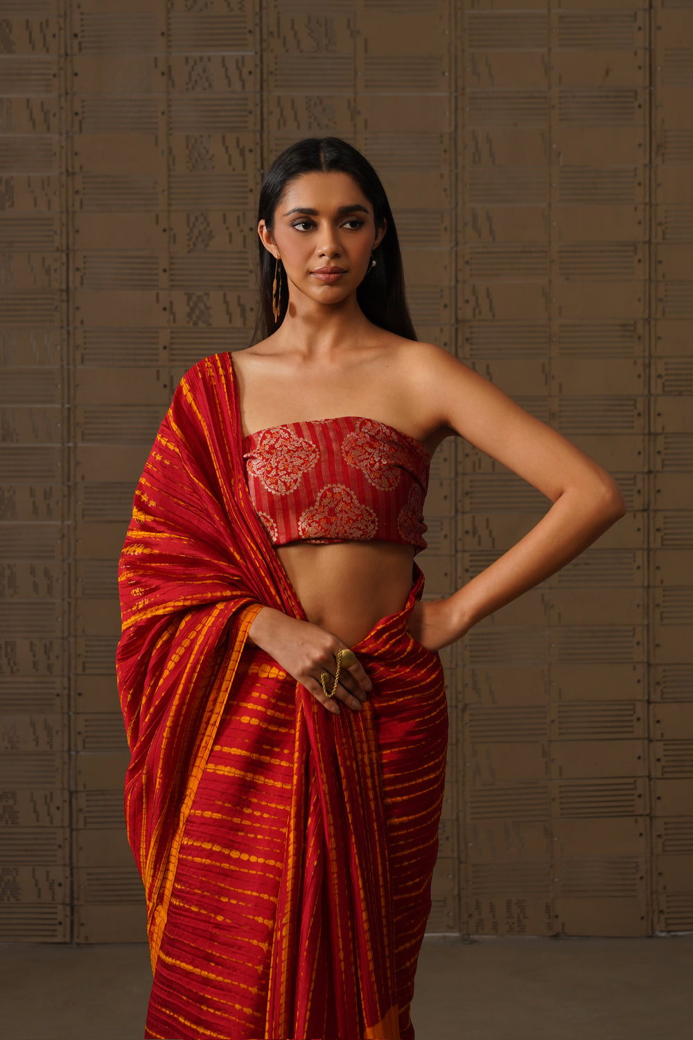 Burnt Orange & Pink Shibori Silk Saree