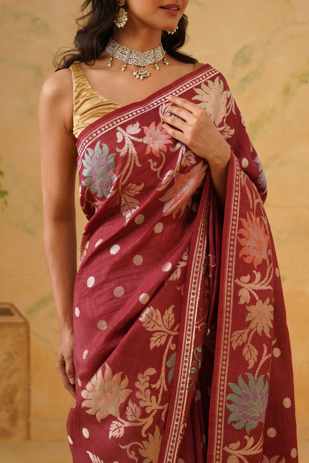 Handwoven Oxyblood Tussar Khaddi Saree with Floral Jaal