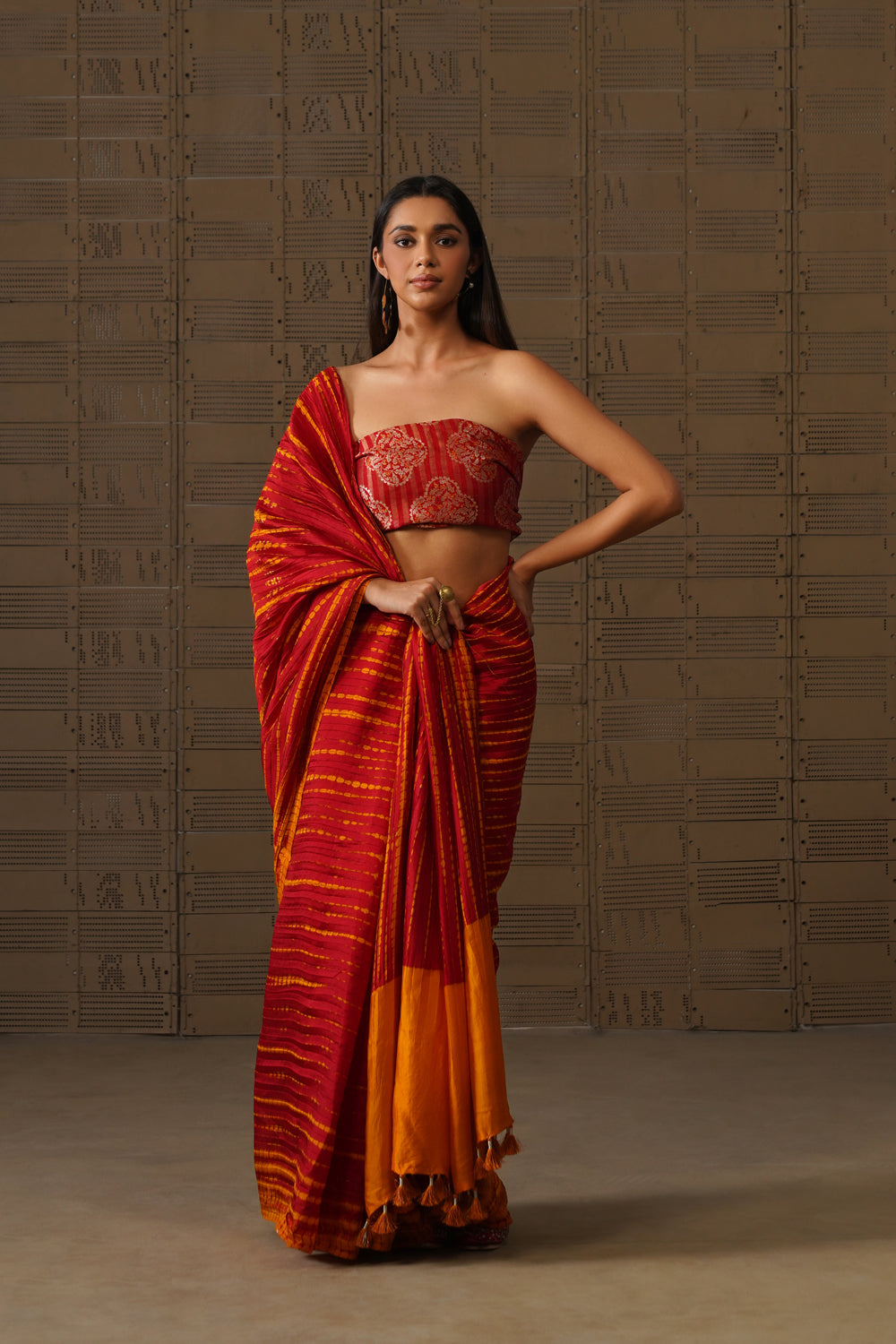 Burnt Orange & Pink Shibori Silk Saree