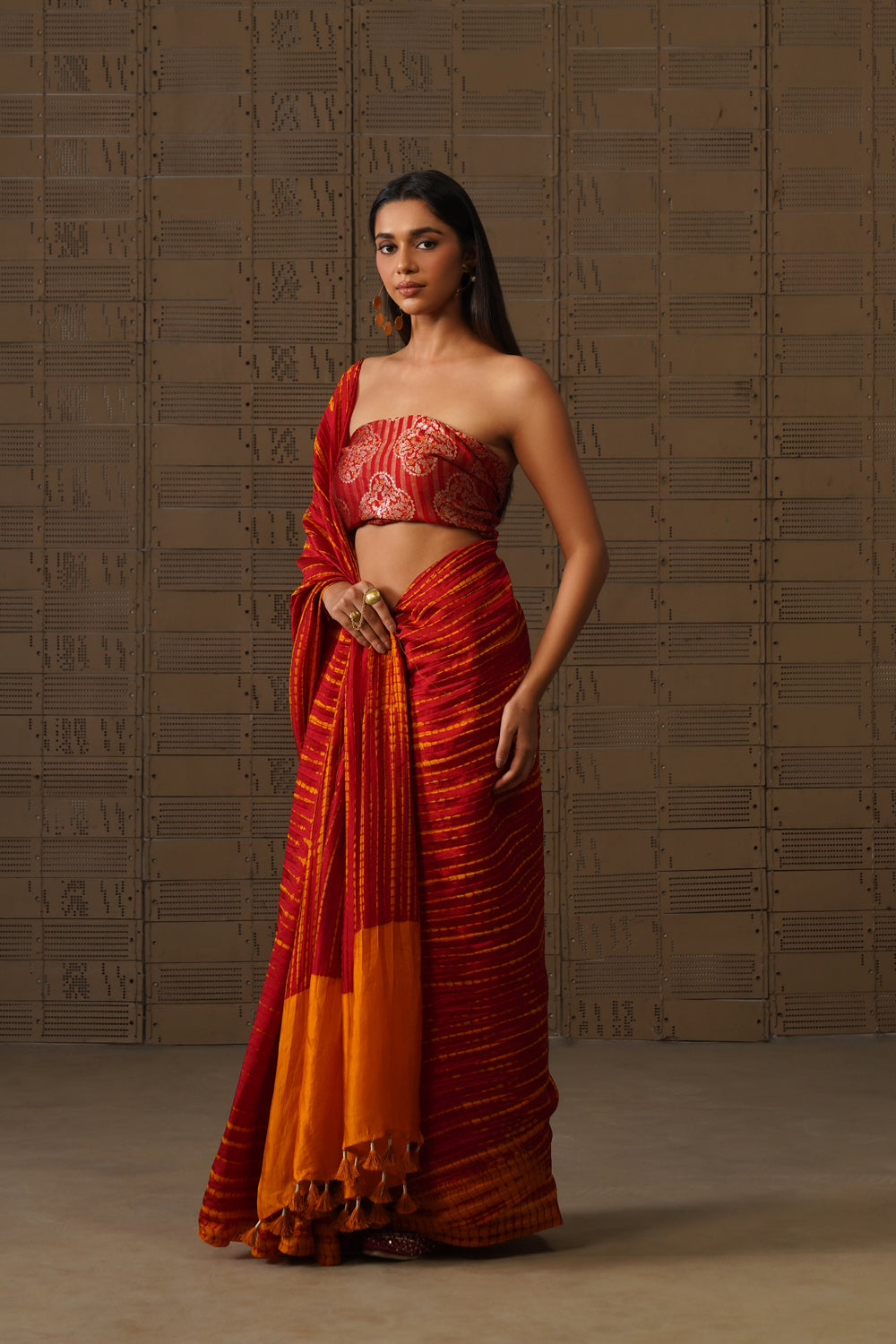 Burnt Orange & Pink Shibori Silk Saree