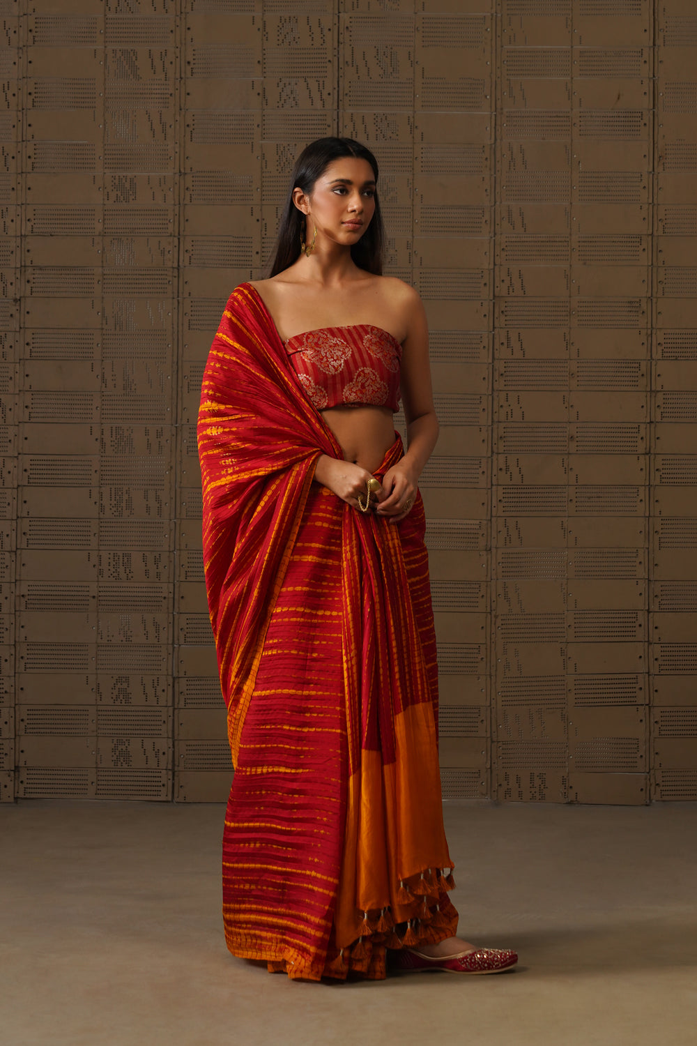 Burnt Orange & Pink Shibori Silk Saree