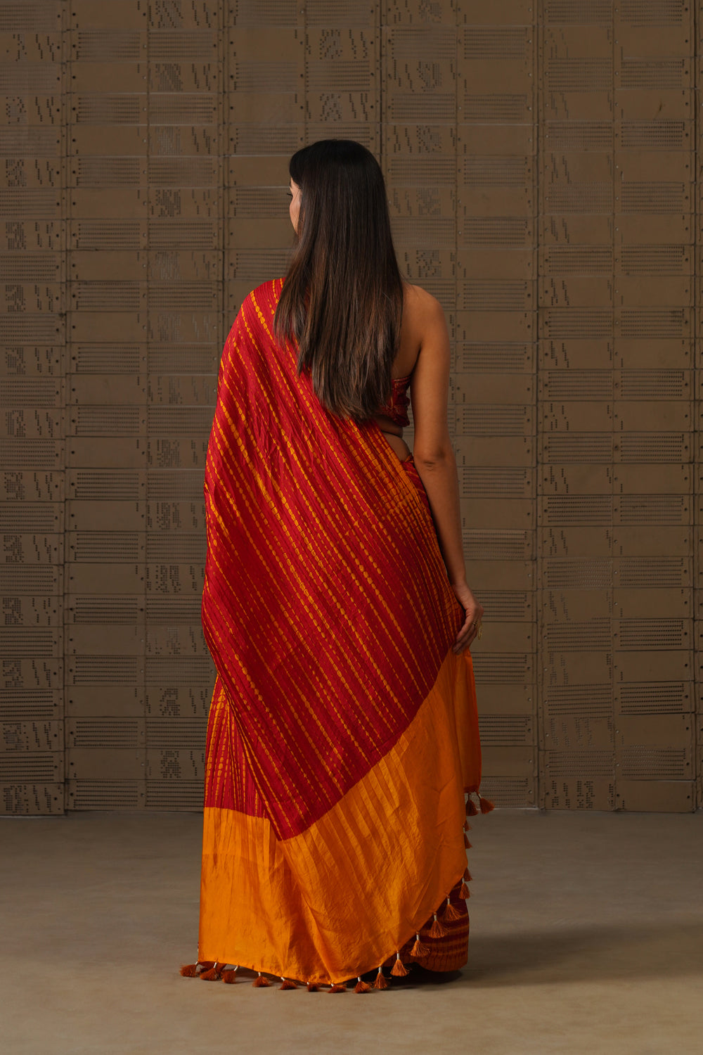 Burnt Orange & Pink Shibori Silk Saree