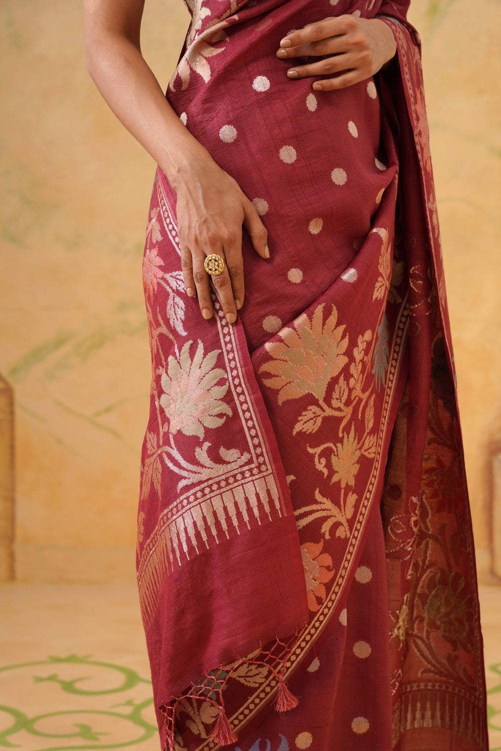 Handwoven Oxyblood Tussar Khaddi Saree with Floral Jaal