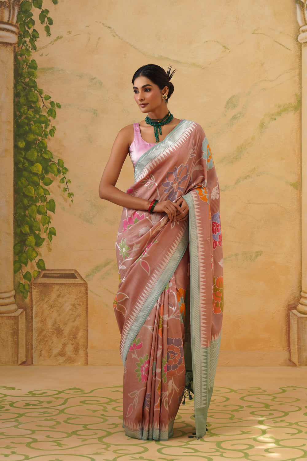 Handwoven Dusty Rose Tussar Khaddi Saree with Floral Jaal