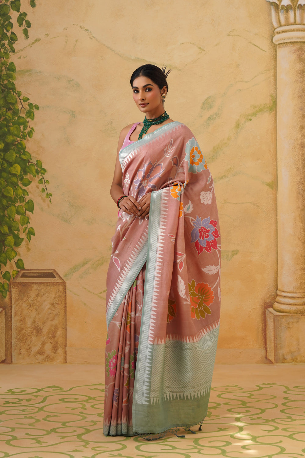 Handwoven Dusty Rose Tussar Khaddi Saree with Floral Jaal