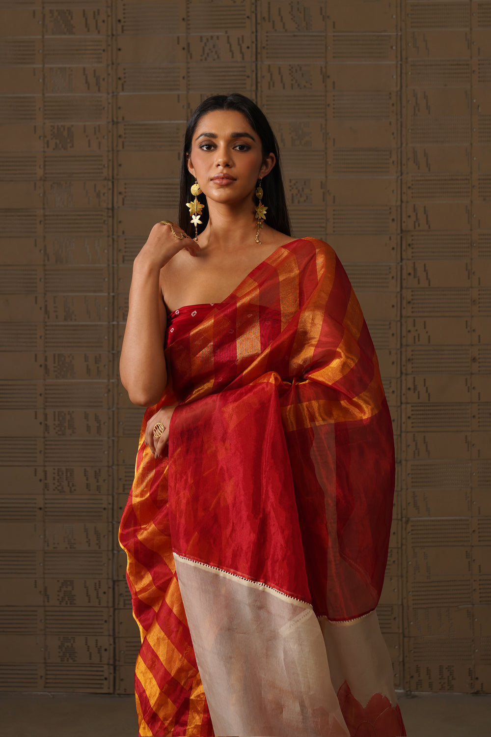 Red Striped Tissue Saree with Floral Organza Pallu