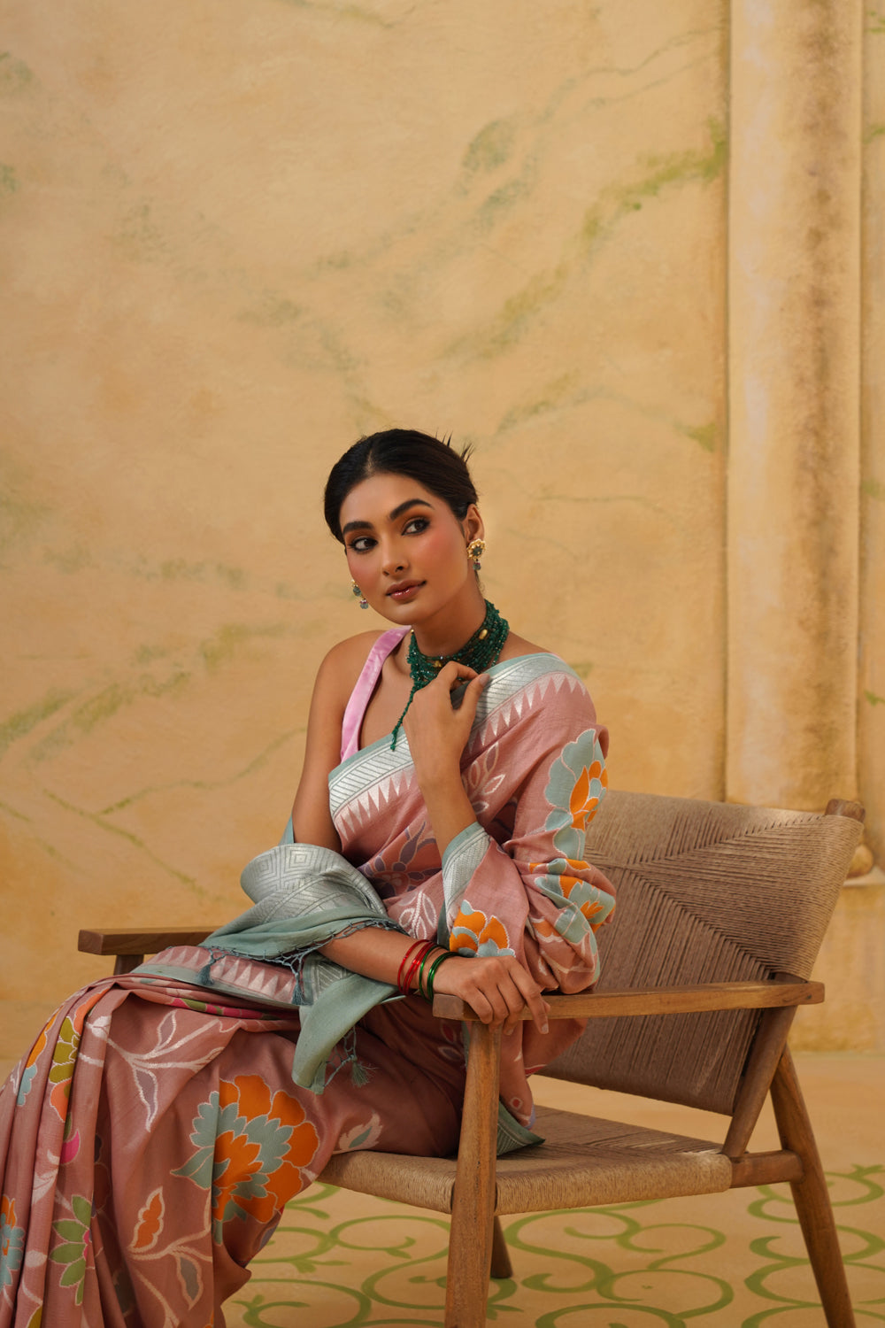 Handwoven Dusty Rose Tussar Khaddi Saree with Floral Jaal
